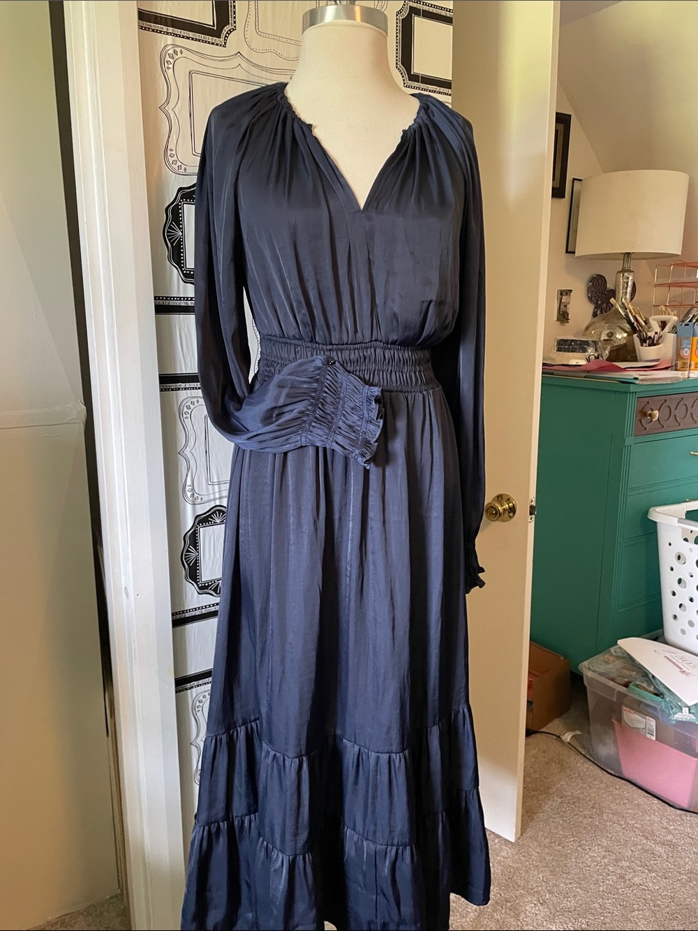 Long Sleeve Navy Tiered Maxi Dress with Smocked Waist